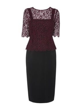 LK Bennett Burgundy‎ Lace Peplum Top with Black Pencil Skirt dress